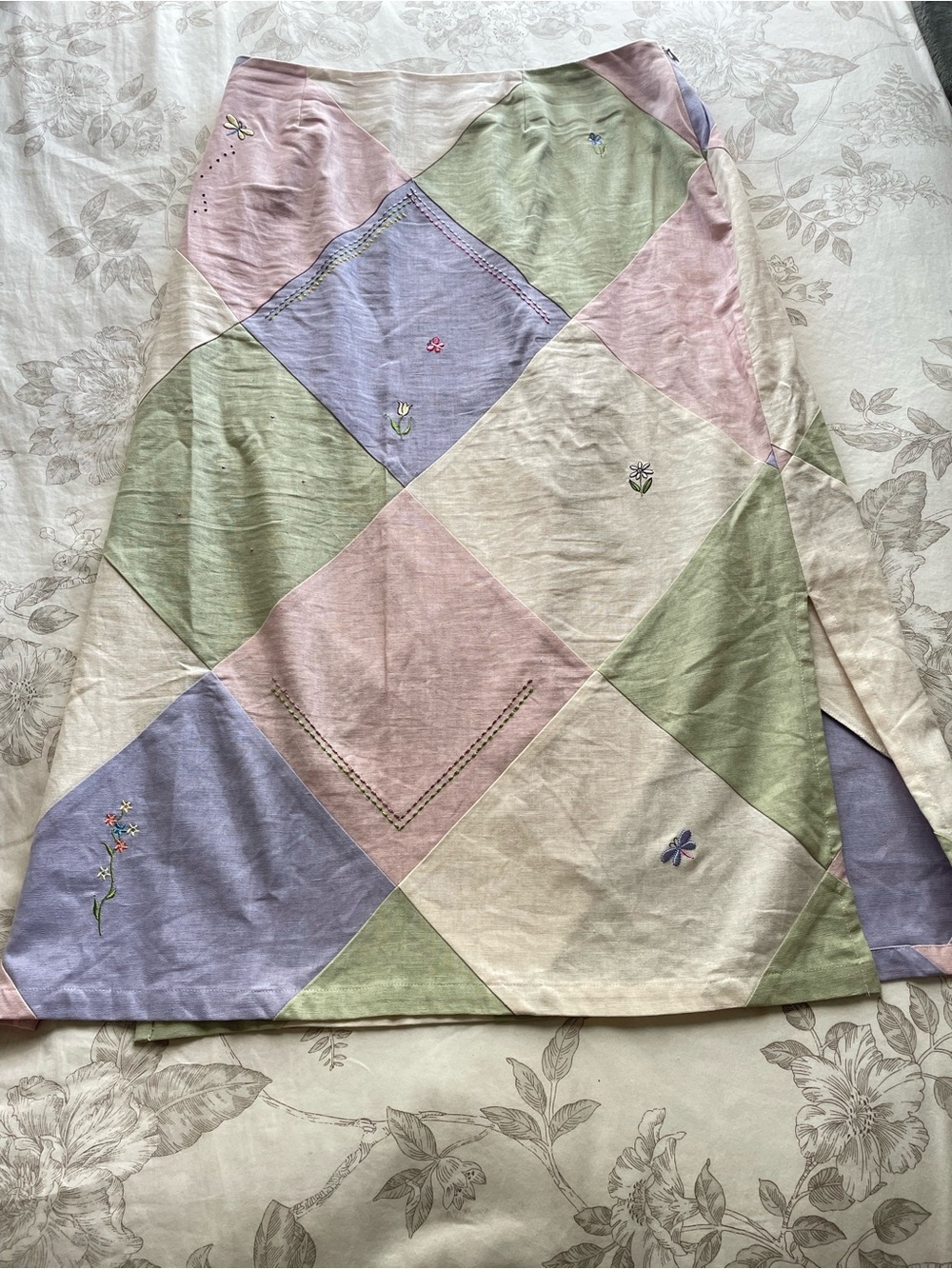 Vintage Pastel Patchwork Floral Embroidered Midi Skirt Large Grandmacore Cottage